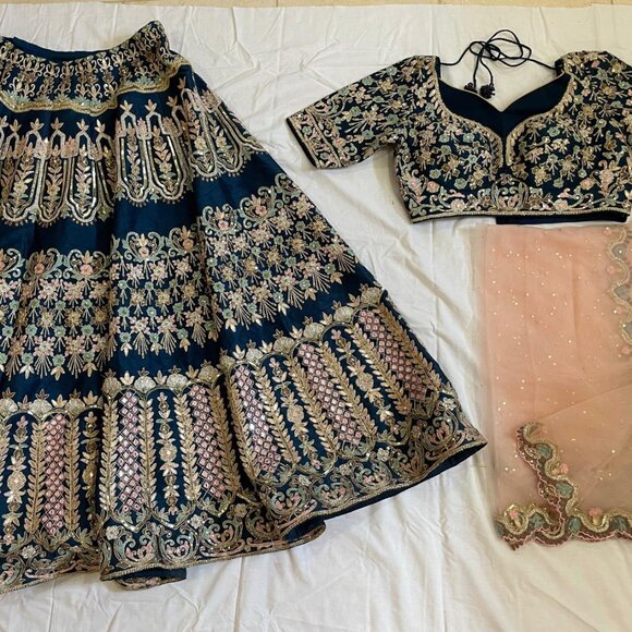 Pink and Navy Blue Lehenga Set - Picture 1 of 7